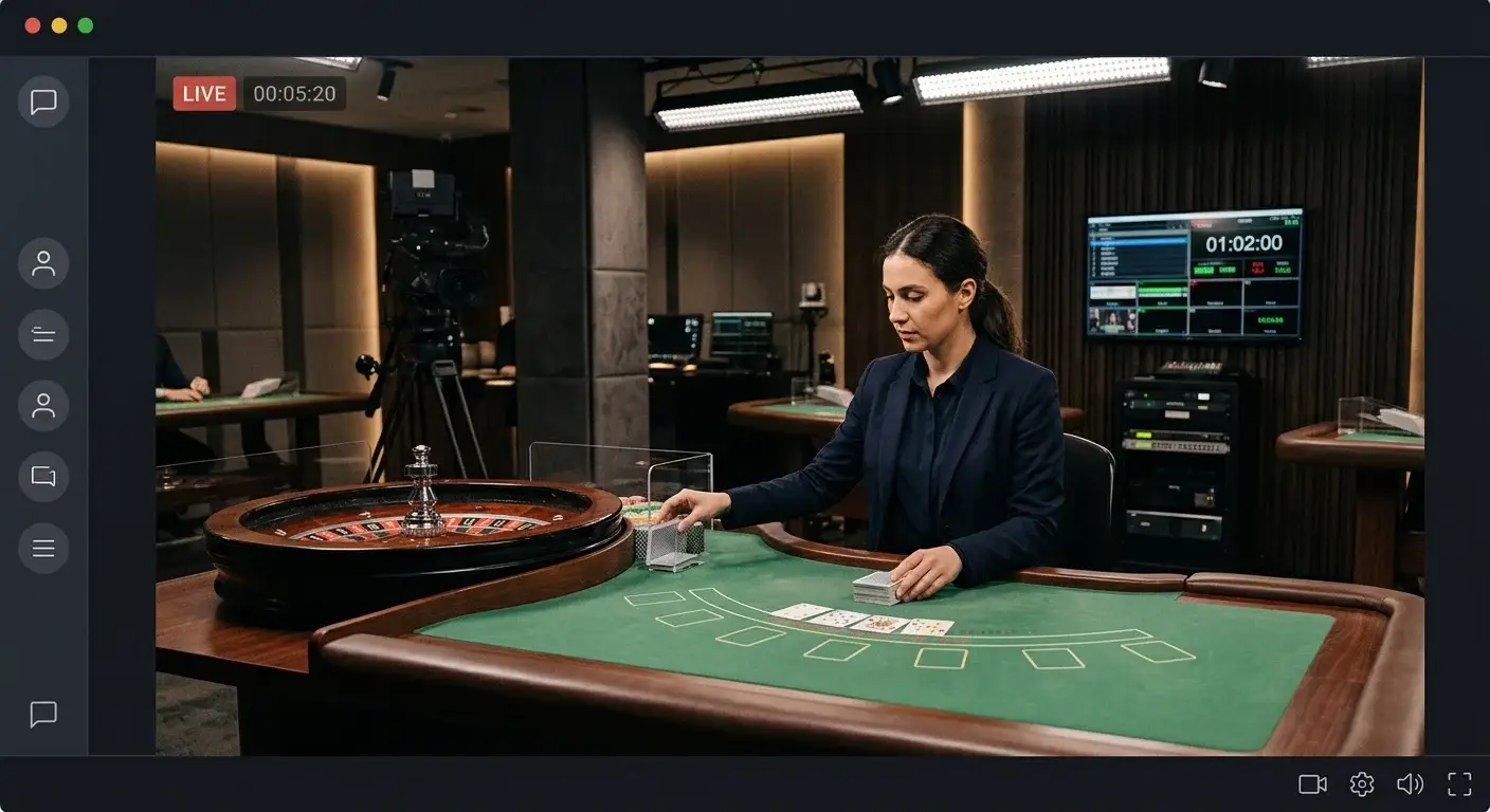 Neutrale illustratie van een live casino met dealertafel en videostream zonder merkinterface