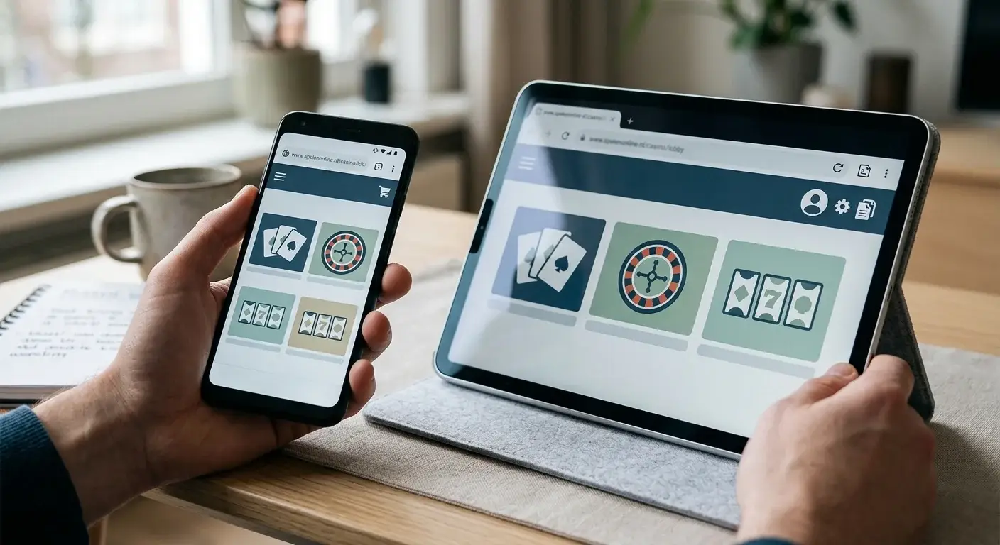 Neutrale illustratie van een smartphone en tablet met een generieke browserweergave voor mobiel casinogebruik