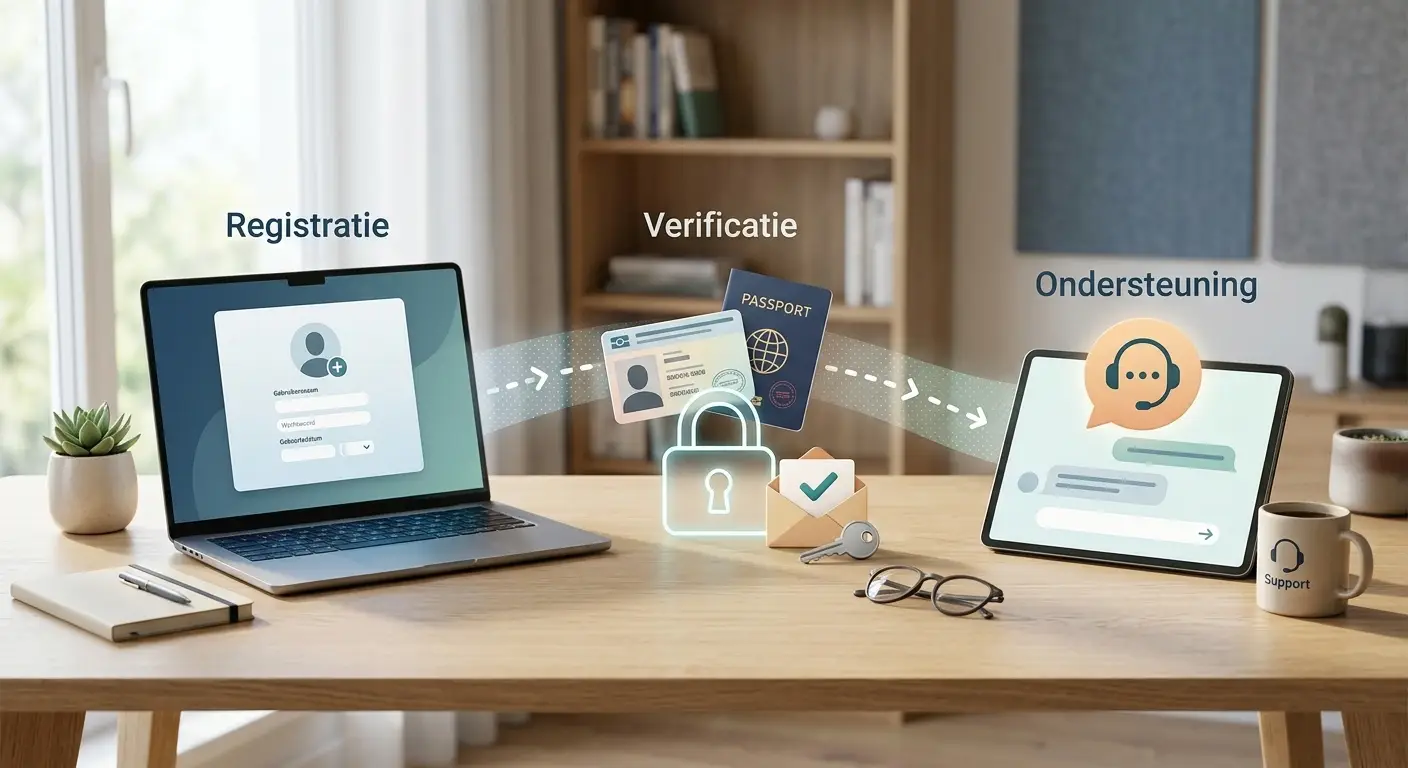 Neutrale illustratie van accountbeheer, identiteitscontrole en klantenservice zonder echte casino-interface